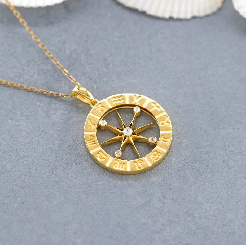 14K Solid Gold Compass Necklace, 925 Sterling Silver Compass Necklace, Horoscope Astrology Compass Necklace, North Star Necklace image 5