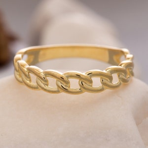 14K Solid Gold Chain Ring, 925 Sterling Silver Oval Chain Ring, Curb Chain Ring, Daily Chain Ring, Mother&#39;s Day Gift, Valentine&#39;s Day Gift