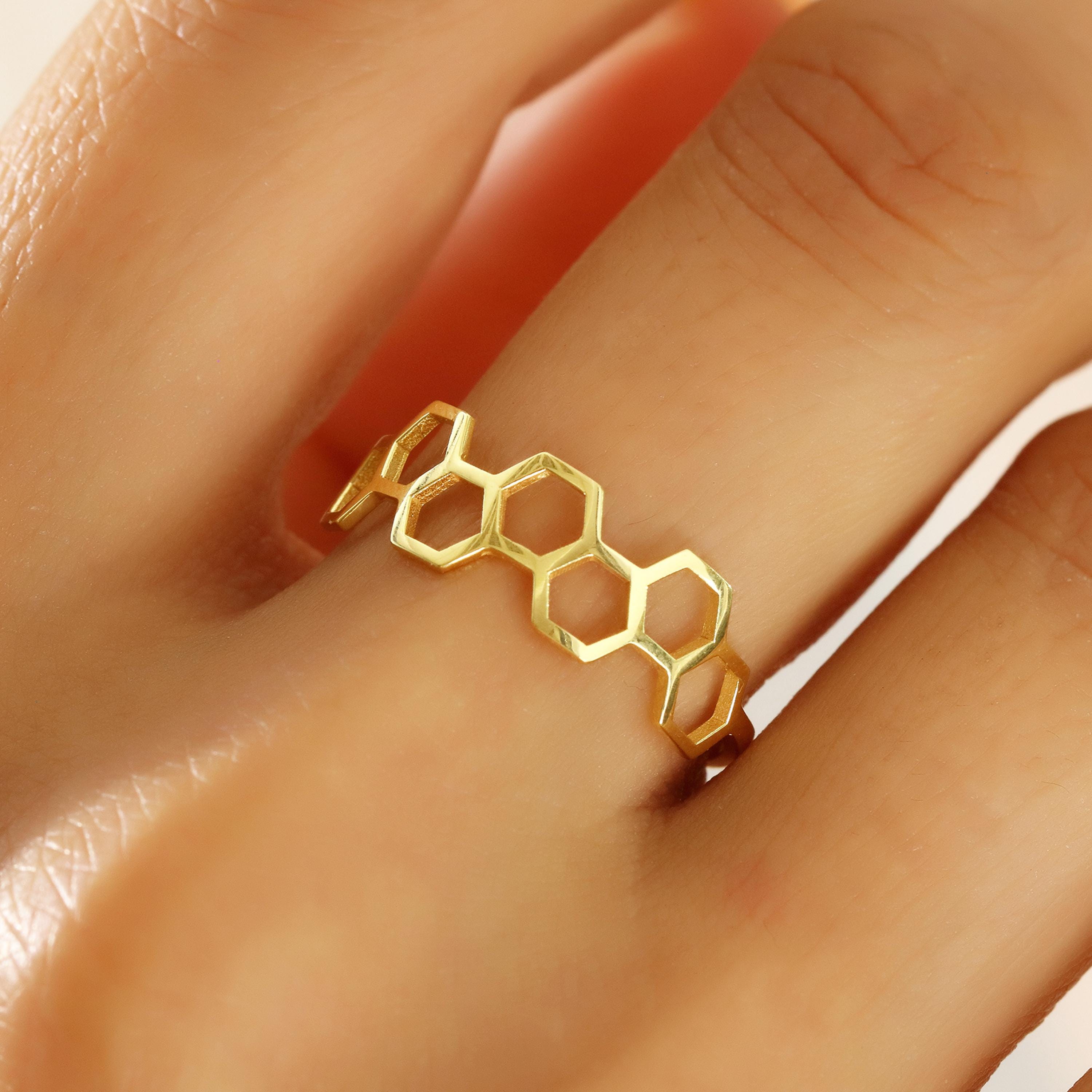 14K Solid Gold Honeycomb Ring, 925 Sterling Silver Honeycomb Ring