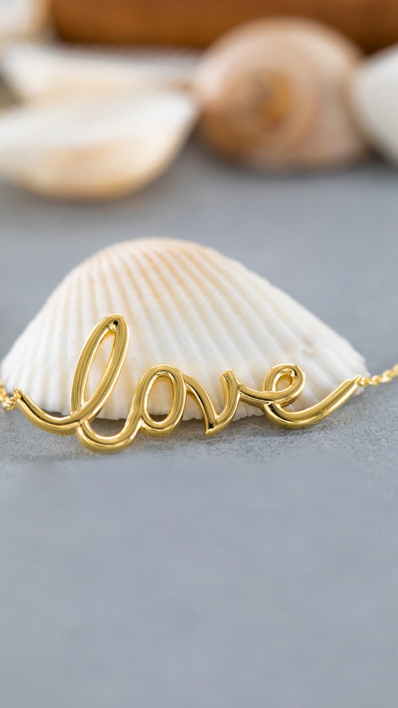 14K Solid Gold Love Necklace, Sterling Silver Love Necklace, Script Love Necklace, Dainty Necklace, Modern Necklace, Valentine's Day Gift image 4