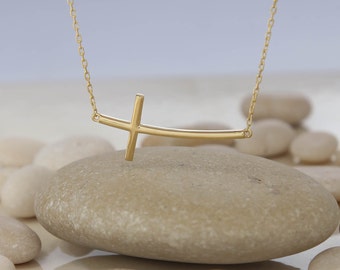 14k Gold Curved Sideways Cross Necklace, Sterling Silver Curved Sideways Cross Necklace, Religious Necklace, Baptism Gift, Christmas Gift