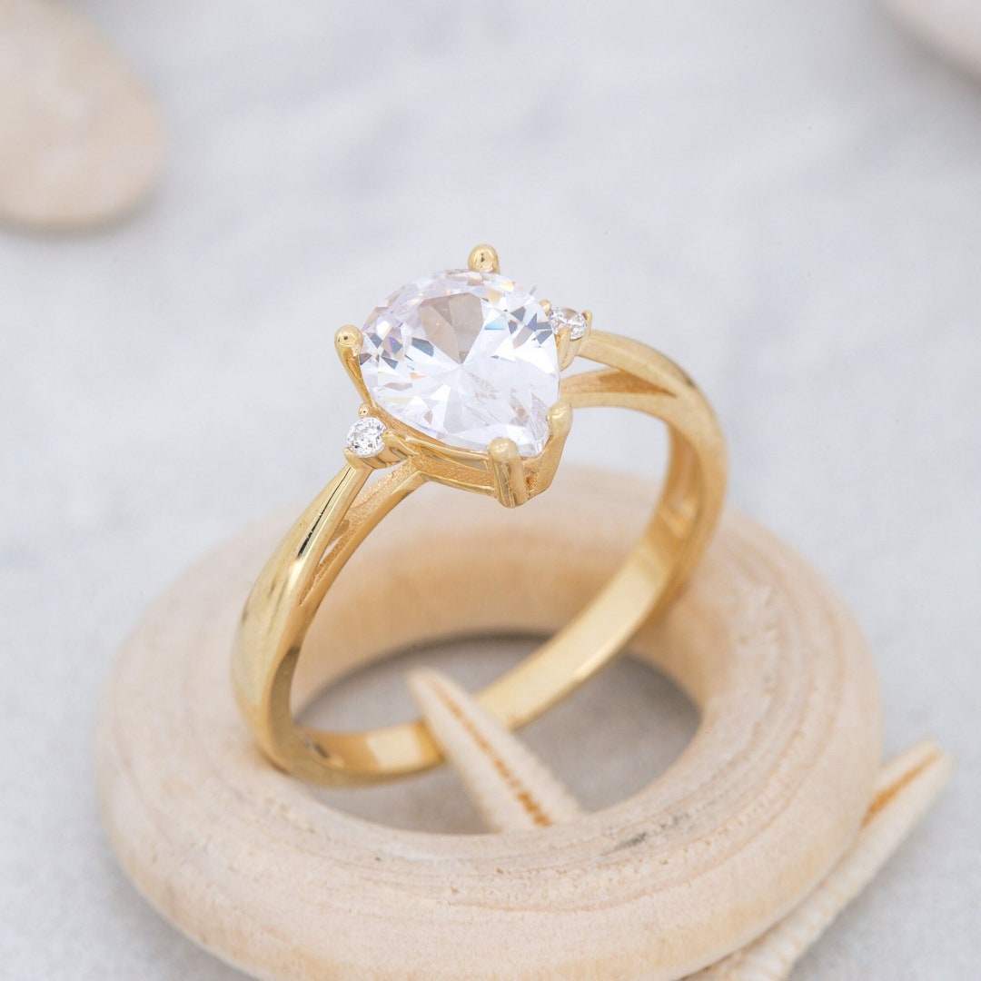 14K Solid Gold Drop Stone Solitaire Ring, 925 Sterling Silver Drop ...
