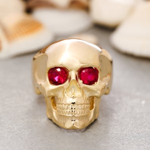 14K Solid Gold Skull Ring,Sterling Silver Skull Ring, Cubic Zircon Ruby Stone Ring, Men's Skull Ring,Handmade Skull Ring, Women's Skull Ring