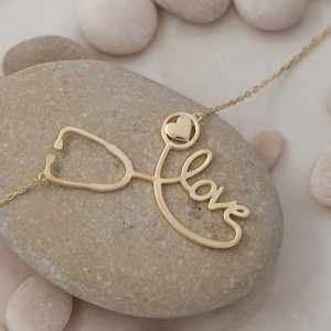 14K Solid Gold Stethoscope Necklace, Sterling Silver Stethoscope Necklace, Written Love Necklace,Doctor, Nurse Graduation Stacking Gold Ring