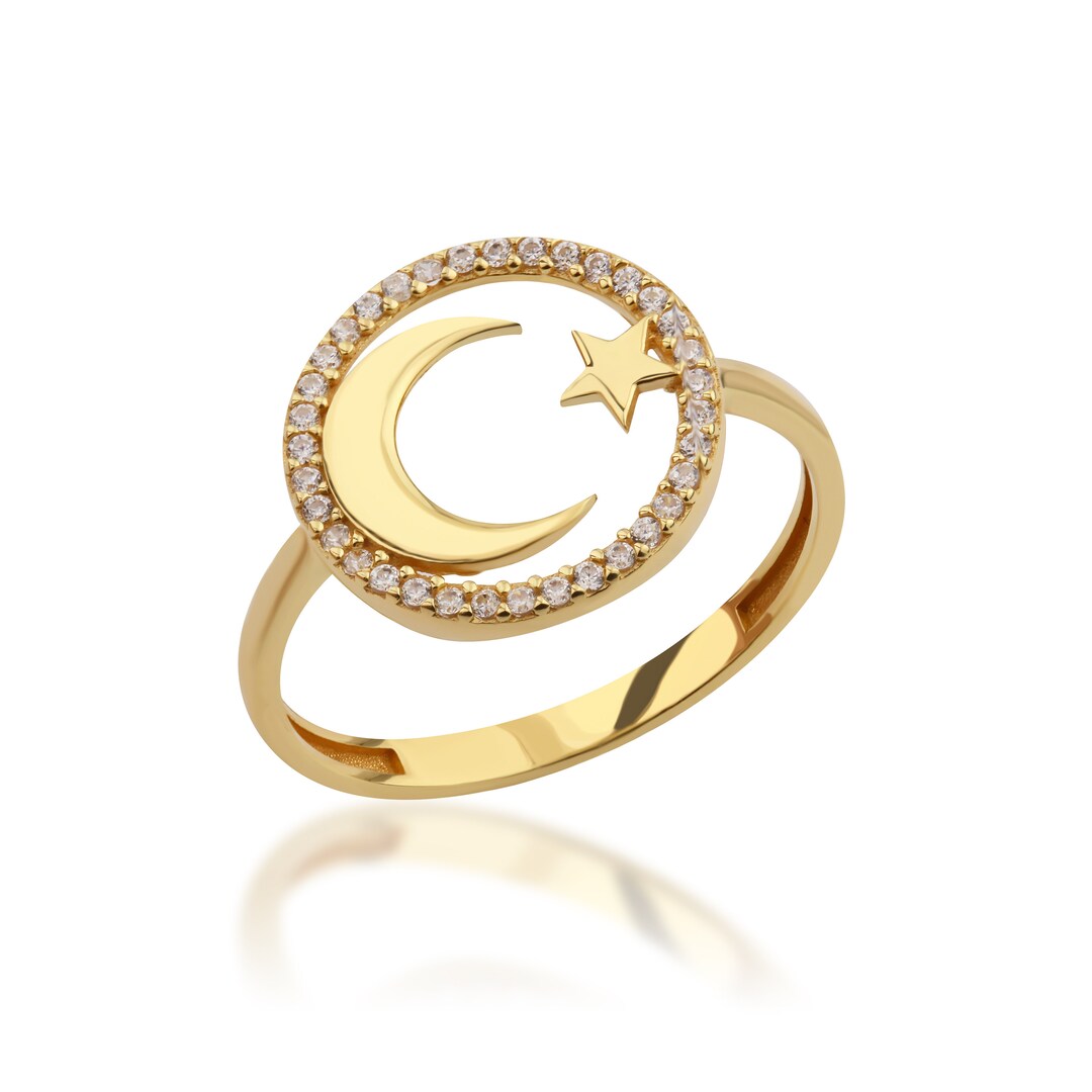 Moon and Stars Wide 18k Gold Plated Stainless Steel Ring
