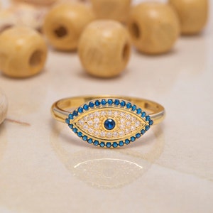14K Solid Gold Evil Eye Ring, Sterling Silver Evil Eye Ring, Handmade Evil Eye Ring, Women&#39;s Ring, Valentine&#39;s Day Gift, Mother&#39;s Day Gift