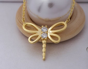 14K Solid Gold Dragonfly Necklace, Sterling Silver Dragonfly Necklace, Handmade Dragonfly Necklace, Valentine's Day Gift, Mother's Day Gift