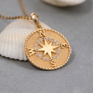 14K Solid Gold Compass Necklace, 925 Sterling Silver Compass Necklace, Dainty North Star Necklace, Valentine's Day Gift, Mother's Day Gift