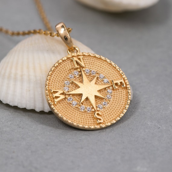 14K Solid Gold Compass Necklace, 925 Sterling Silver Compass Necklace, Dainty North Star Necklace, Valentine's Day Gift, Mother's Day Gift