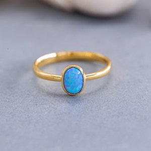 14K Solid Gold Blue Opal Ring, 925 Sterling Silver Blue Opal Ring, Oval Blue Opal Ring, Synthetic Opal Stone, Gift for Her, Gift for Mom