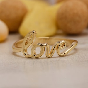 14K Solid Gold Love Ring, 925 Sterling Silver Love Ring, Script love ring, Dainty Love ring, Valentine's Day Gift, Mother's Day Gift