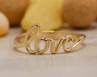 14K Solid Gold Love Ring, 925 Sterling Silver Love Ring, Script love ring, Dainty Love ring, Valentine's Day Gift, Mother's Day Gift