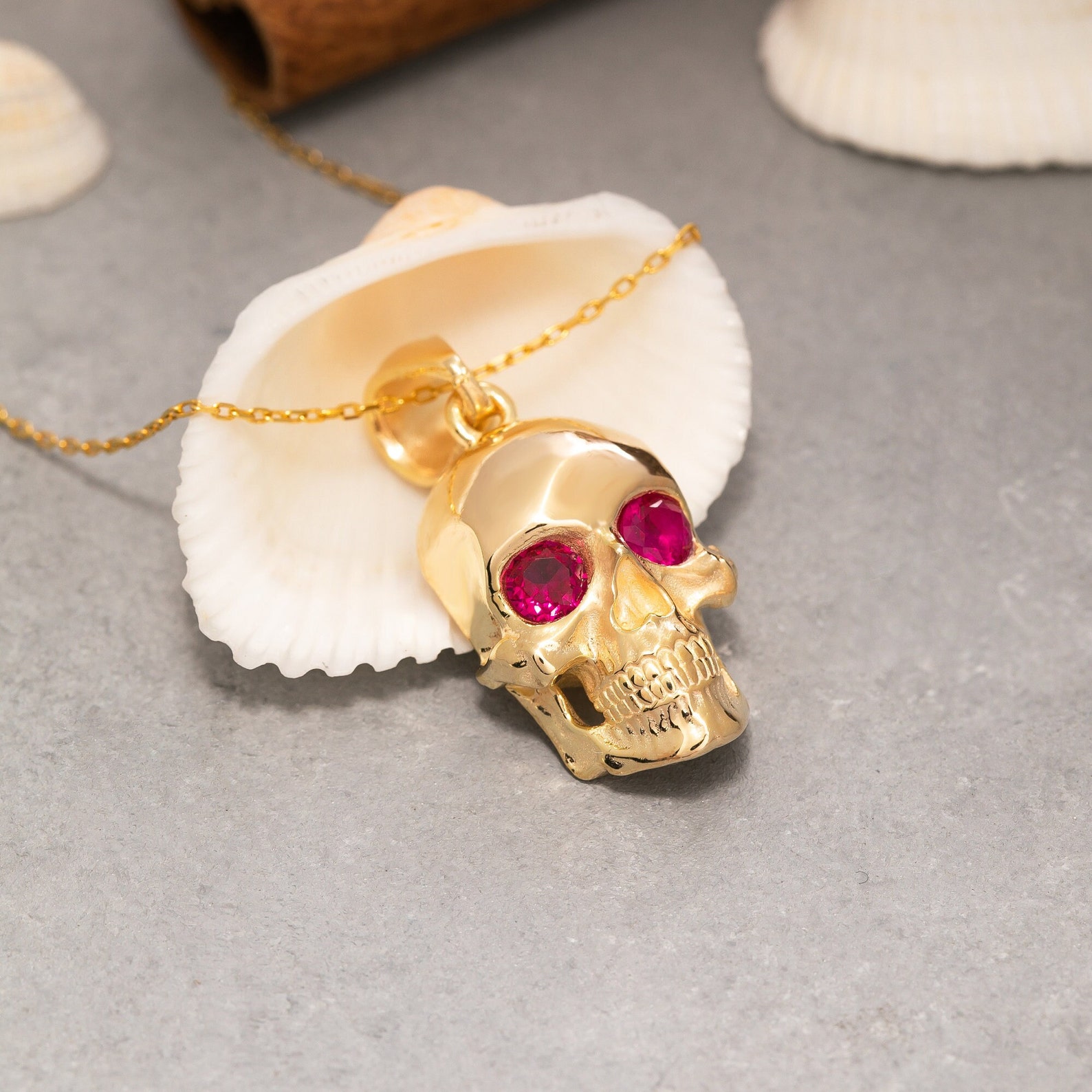 14K Solid Gold Skull Necklace, 925 Sterling Silver, Ruby Stone ...