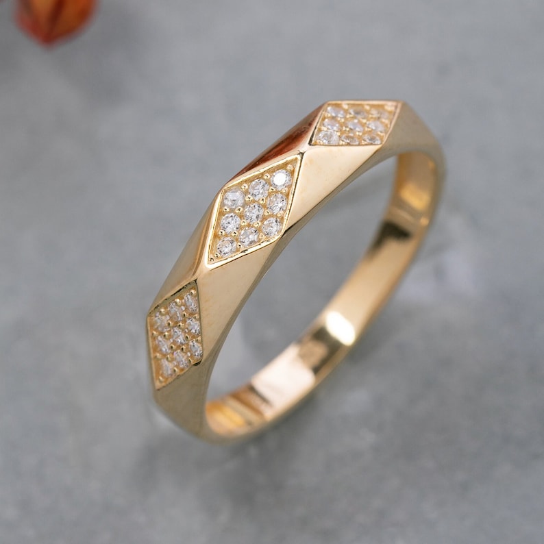 14K Solid Gold Vintage Patterned Wedding Ring, 925 Sterling Silver Wedding Ring, Geometric Faceted Ring, Christmas Gift, Mother's Day Gift image 1