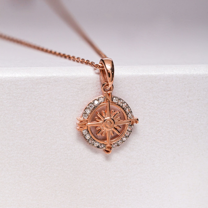 14K Solid Gold Compass Necklace, Sterling Silver Compass Necklace, North Star Necklace, Real Gold and Silver Jewelry image 2