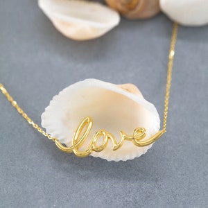 14K Solid Gold Love Necklace, Sterling Silver Love Necklace, Script Love Necklace, Dainty Necklace, Modern Necklace, Valentine's Day Gift image 2