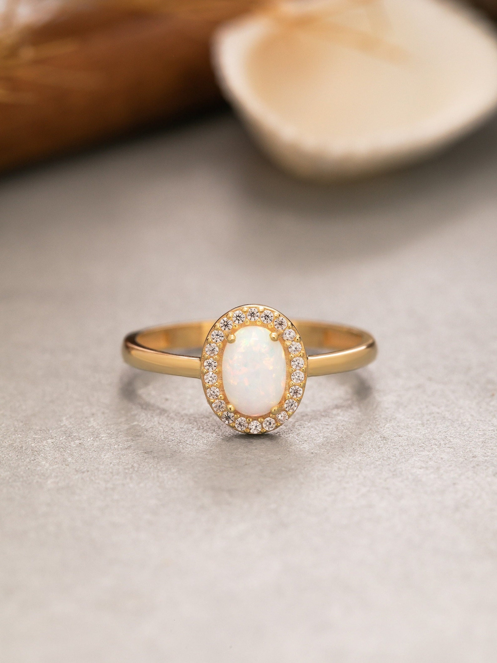 14K Solid Gold White Opal Ring