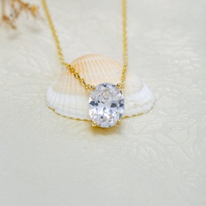 14K Solid Gold Oval Solitaire Necklace, 925 Sterling Silver Oval Solitaire Necklace, Zircon 10x8 mm Oval Solitaire Necklace, Christmas Gift