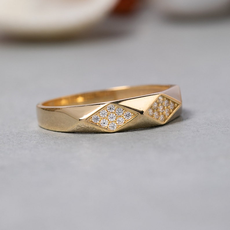 14K Solid Gold Vintage Patterned Wedding Ring, 925 Sterling Silver Wedding Ring, Geometric Faceted Ring, Christmas Gift, Mother's Day Gift image 4