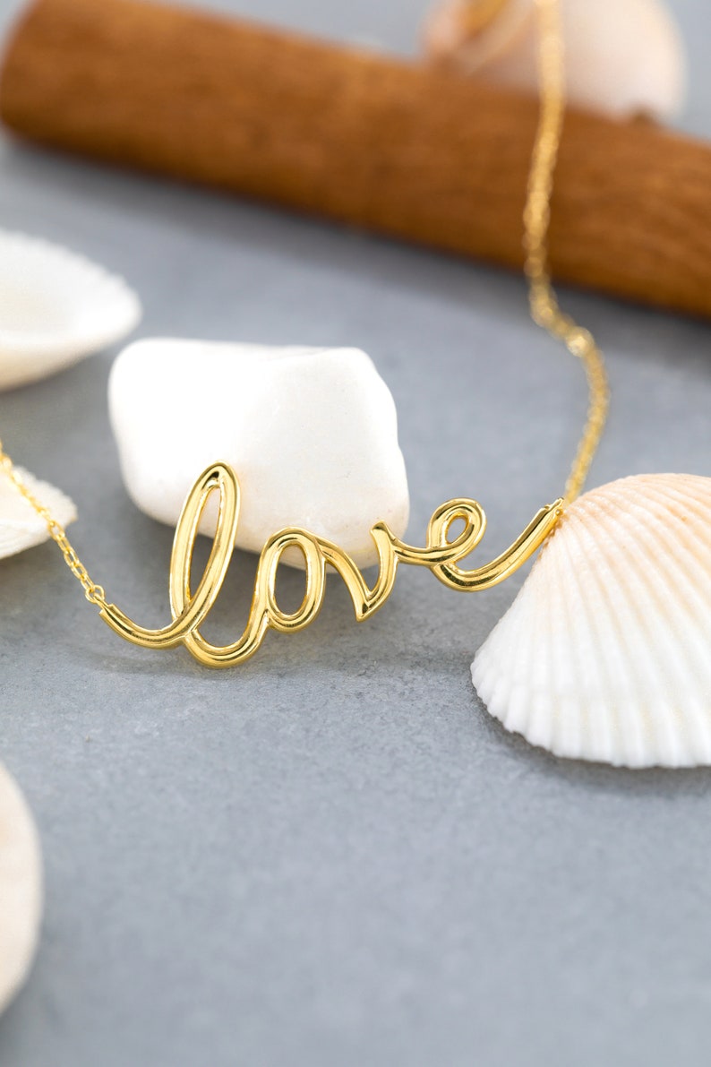 14K Solid Gold Love Necklace, Sterling Silver Love Necklace, Script Love Necklace, Dainty Necklace, Modern Necklace, Valentine's Day Gift image 6