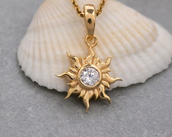 14K Solid Gold Sun Necklace, 925 Sterling Silver Sun Necklace, Birthstone Necklace, Sun Jewelry, Valentine&#39;s Day Gift, Mother&#39;s Day Gift