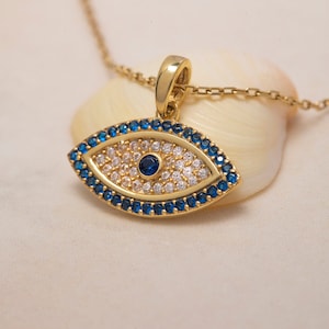 14K Solid Gold Evil Eye Necklace, Evil Eye Necklace, 925 Sterling Silver Evil Eye Necklace, Valentine&#39;s Day Gift, Gift for Mothers