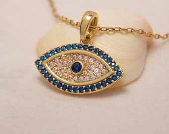 14K Solid Gold Evil Eye Necklace, Evil Eye Necklace, 925 Sterling Silver Evil Eye Necklace, Valentine&#39;s Day Gift, Gift for Mothers