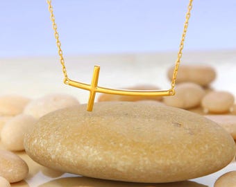 14k Gold Curved Sideways Cross Necklace, Sterling Silver Curved Sideways Cross Necklace, Religious Necklace, Baptism Gift, Christmas Gift