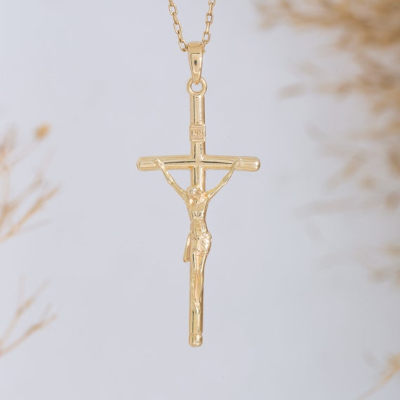 14K Solid Gold Jesus Cross Necklace 925 Sterling Silver Jesus
