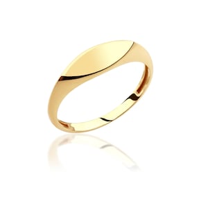 Könnte beinhalten: Ein polierter Siegelring aus Gelbgold mit einer glatten, länglichen ovalen Oberfläche und einer schmalen, abgerundeten Ringschiene. Die Metalloberfläche hat ein glänzendes Finish, das Licht reflektiert und ein klares Design ohne Gravuren oder Steine zeigt.