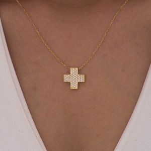 Pave Cross Necklace, 14K Solid Gold Cross Necklace, 925 Sterling Silver Cross Necklace, Religious Necklace, Baptism Gift, Christmas Gift