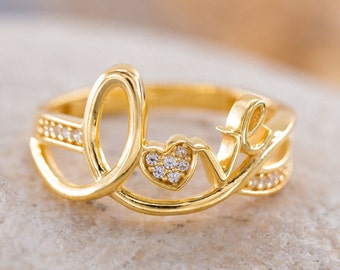 14K Solid Gold Love Ring, 925 Sterling Silver Love Ring, Scprit Love Ring, Heart Love Ring, Moederdag Cadeau, Valentijnsdag Cadeau