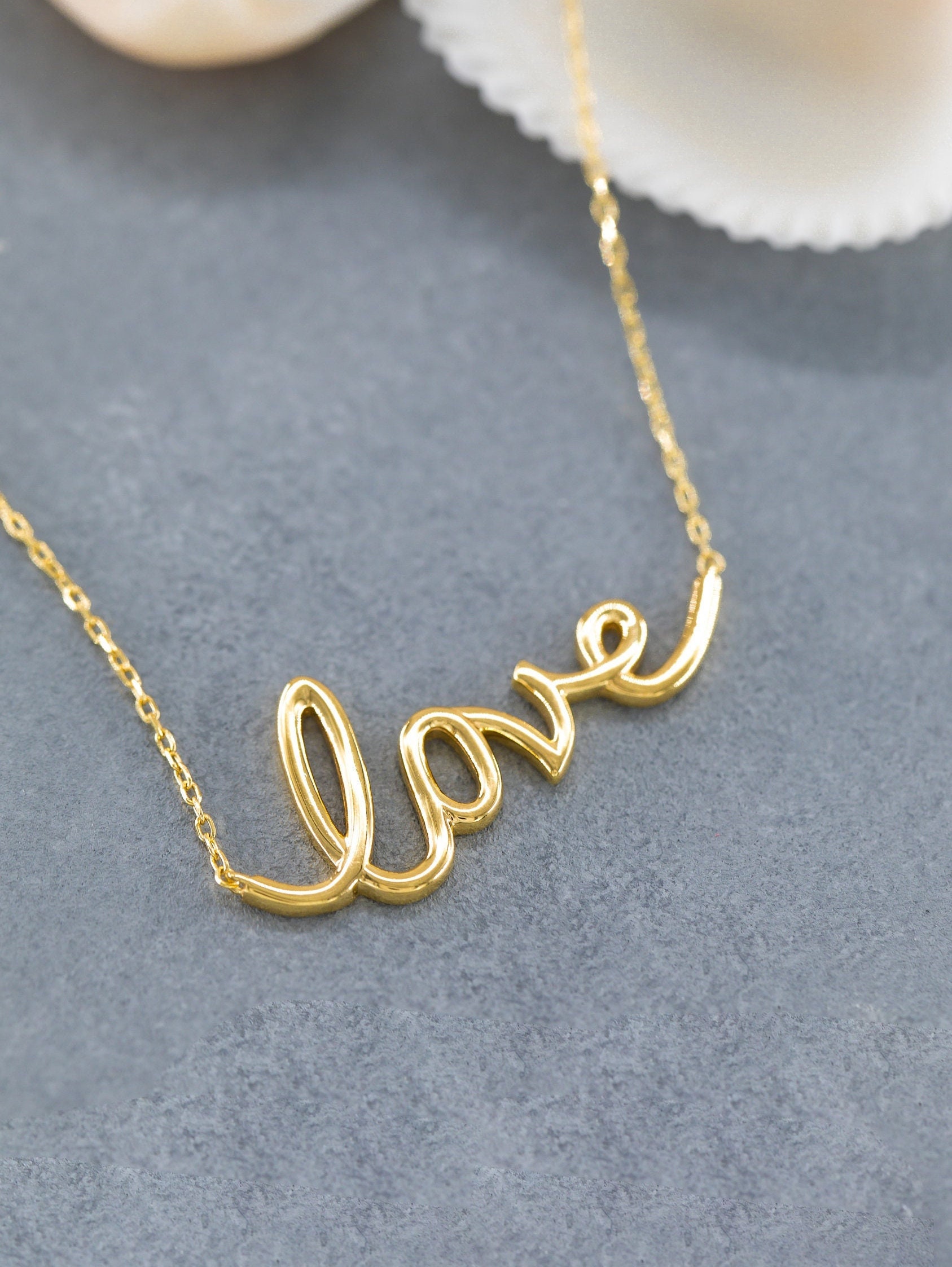 14K Solid Gold Love Necklace, Sterling Silver Love Necklace, Script Love  Necklace, Dainty Necklace, Modern Necklace, Valentine's Day Gift 