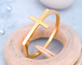 14K Solid Gold Plain Cross Ring, 925 Sterling Silver Plain Cross Ring, Handmade Ring, Christmas Gift, Valentine's Day Gift, Mother's Day Git