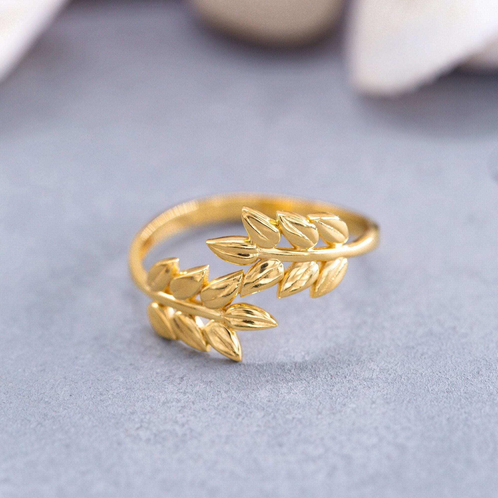 14K Solid Gold Olive Leaf Ring, 925 Sterling Silver Olive