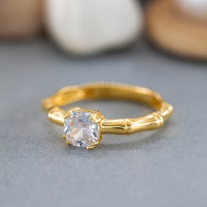 14K ソリッドゴールド バンブーリング、925 スターリングシルバー バンブーリング、クッションカット ストーンリング、キュービックジルコン ストーンリング、重ね付けできるリング、彼女へのギフト
