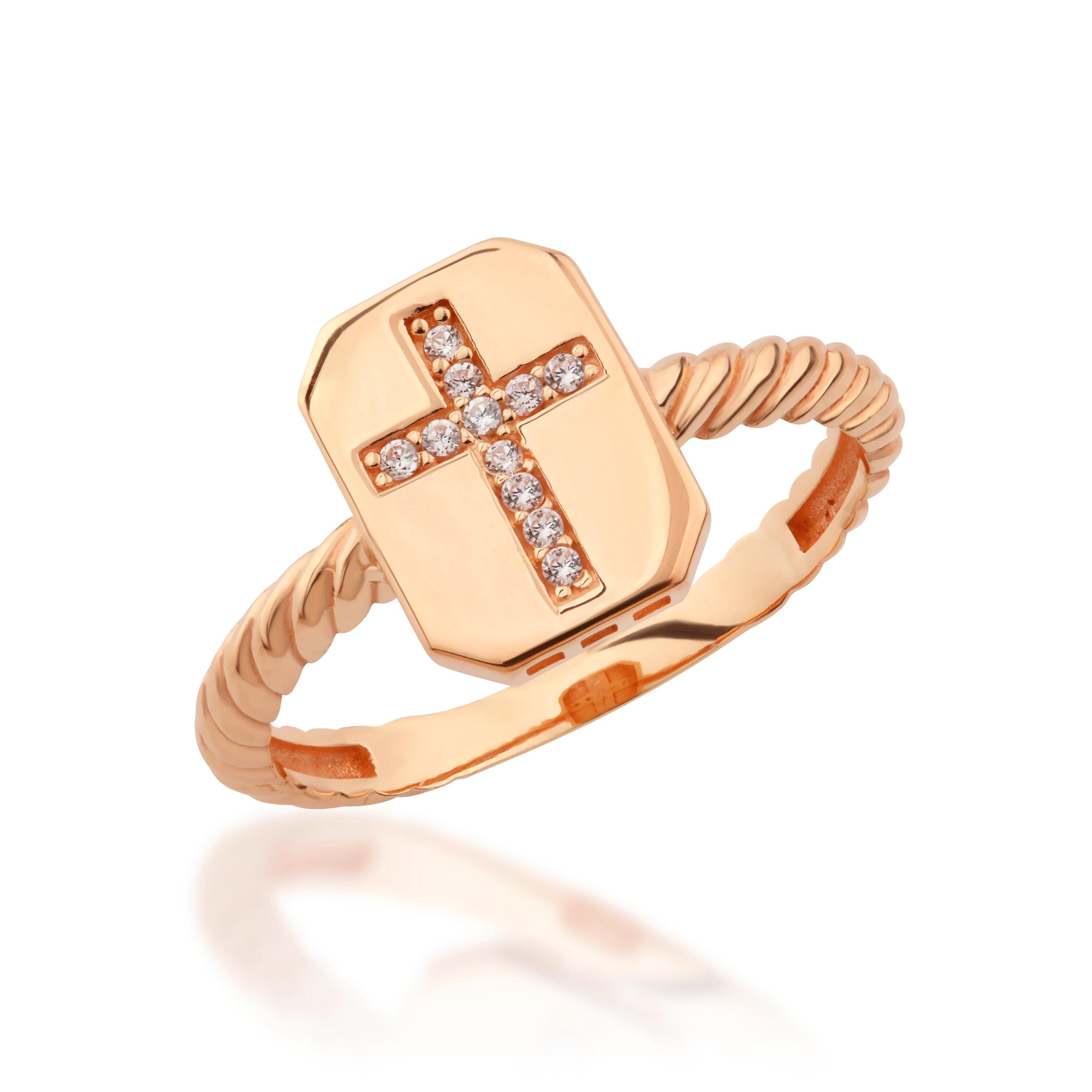 Twist Signet Cross Ring, 14K Solid Gold Cross Ring, Christmas Gift