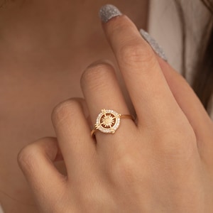 14K Solid Gold Compass Ring, 925 Sterling Silver Compass Ring ...