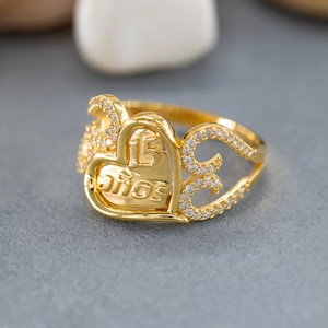 Quinceanera Heart Ring, 14K Solid Gold 15 Anos Heart Ring, 925 Sterling Silver 15 Anos Heart Ring, 15 anos, 15 Anos Birthday Gift for Girls