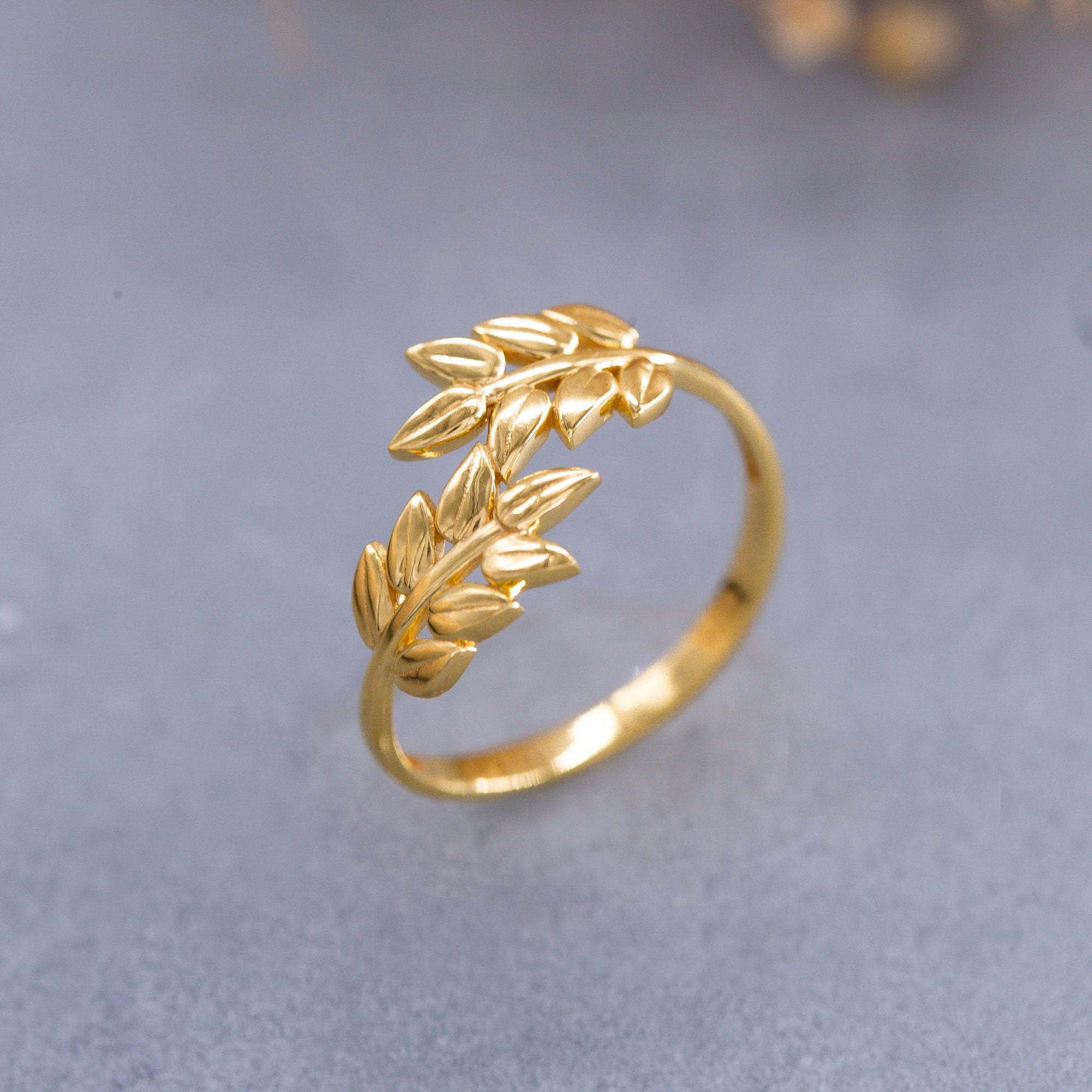 14K Gold Plated Sterling Silver Olive Leaf Ring For Women - Fashion Statement Ring, Size Adjustable