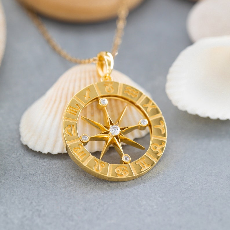 14K Solid Gold Compass Necklace, 925 Sterling Silver Compass Necklace, Horoscope Astrology Compass Necklace, North Star Necklace image 4