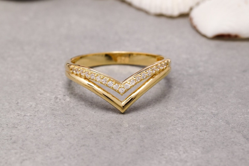 Anillo V de oro macizo de 14K, Anillo V de plata de ley 925, Anillo Chevron, Anillo curvo, Regalo del Día de la Madre, Regalo del Día de San Valentín, Regalo de Navidad imagen 1