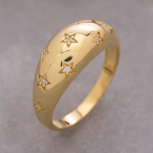 14K Solid Gold Star Dome Ring, 925 Sterling Silver Star Dome Ring, Starburst Ring, Star Signet Ring, Mother's Day Gift, Valentine's Day Gift