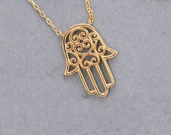 14K Solid Gold Hamsa Necklace, 925 Sterling Silver Hamsa Necklace, Hand of Fatima Necklace, Handmade Hamsa Necklace, Mother's Day Gift