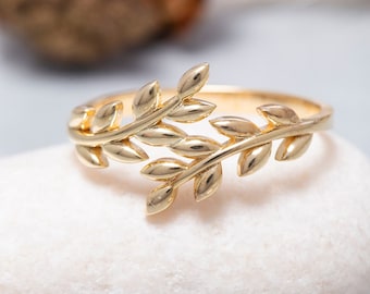 14K Solid Gold Olive Leaf Ring, 925 Sterling Silver Olive Leaf Ring, Leaf Ring, Mother's Day Gift, Valentine's Day Gift, Christmas Gift