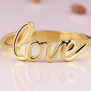 Kärleksring i 14 karat massivt guld, kärleksring med manus, fin ring, stapelbar ring, alla hjärtans dag-present, present till flickvän, födelsedagspresent