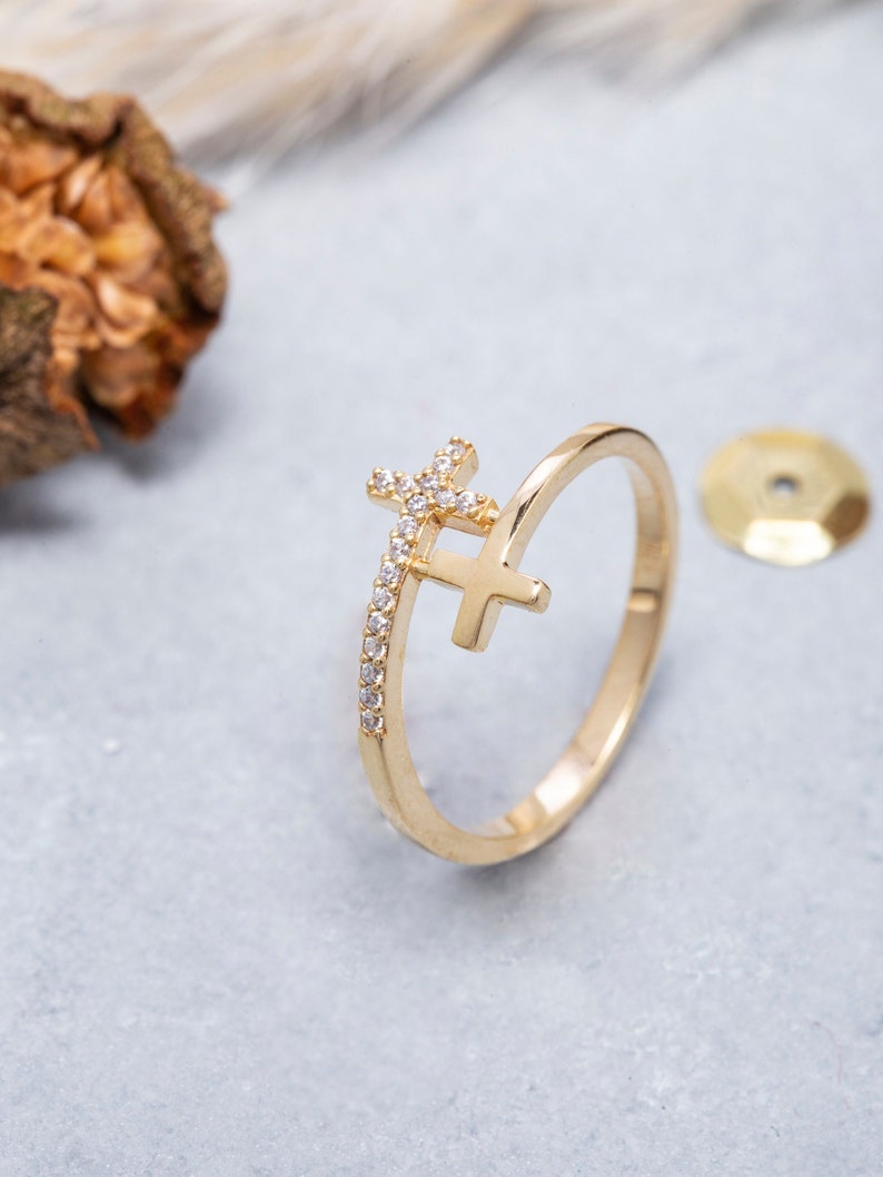 14K Solid Gold Cross Ring 925 Sterling Silver Cross Ring Etsy
