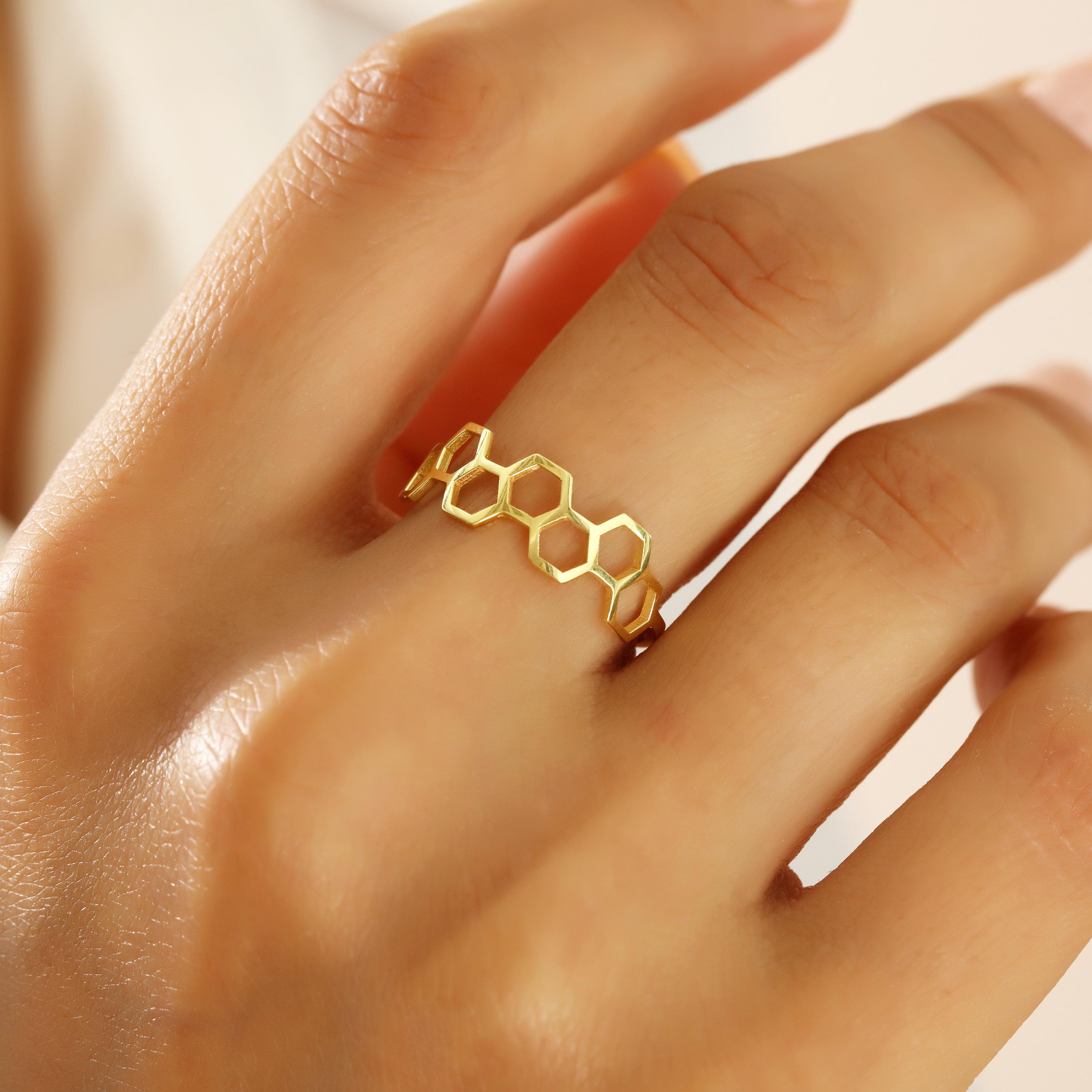 14K Solid Gold Honeycomb Ring, 925 Sterling Silver Honeycomb Ring