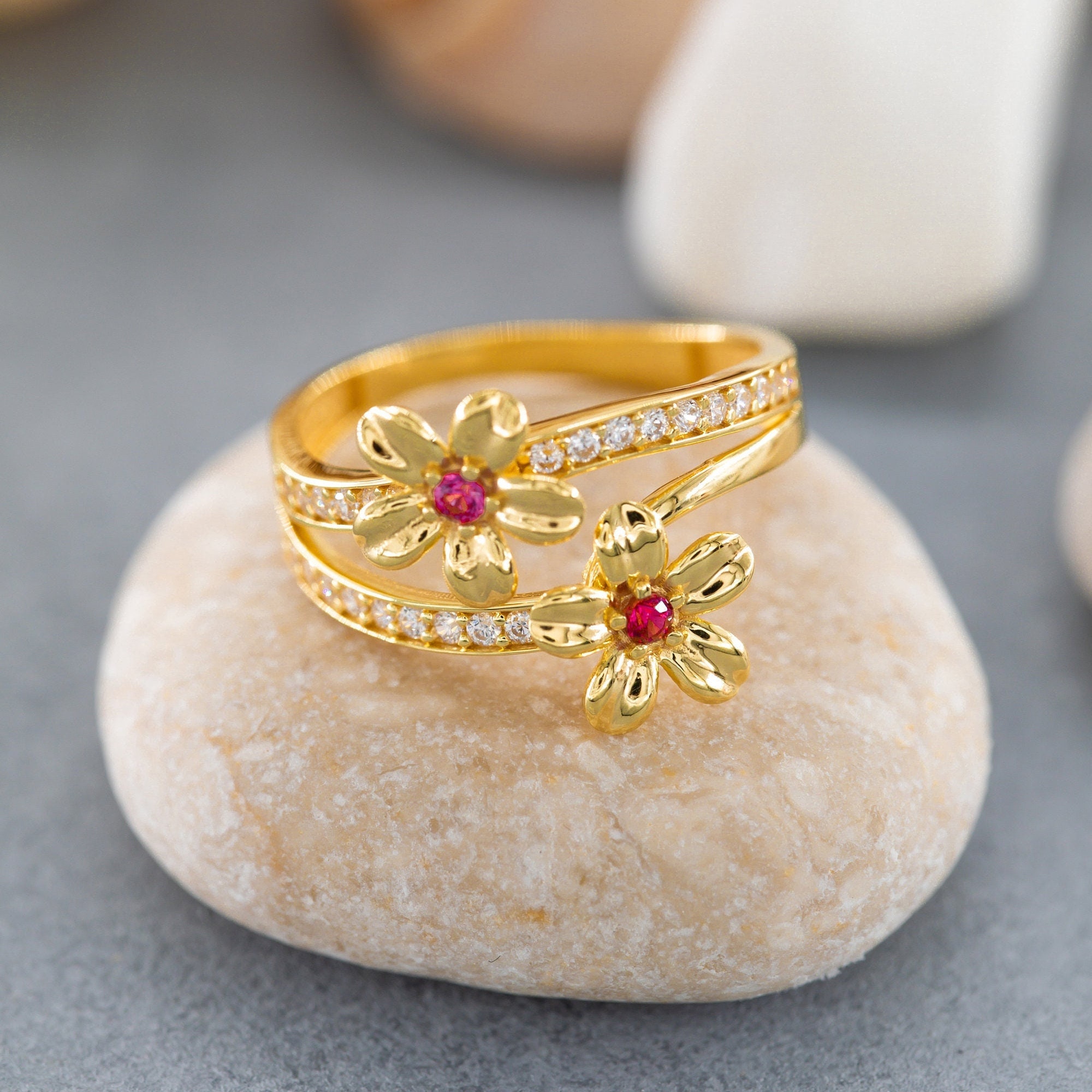 Daisy Rig 14K Solid Gold Daisy Ring, Flower Ring, Leaf Ring, Mother's Day Gift ...