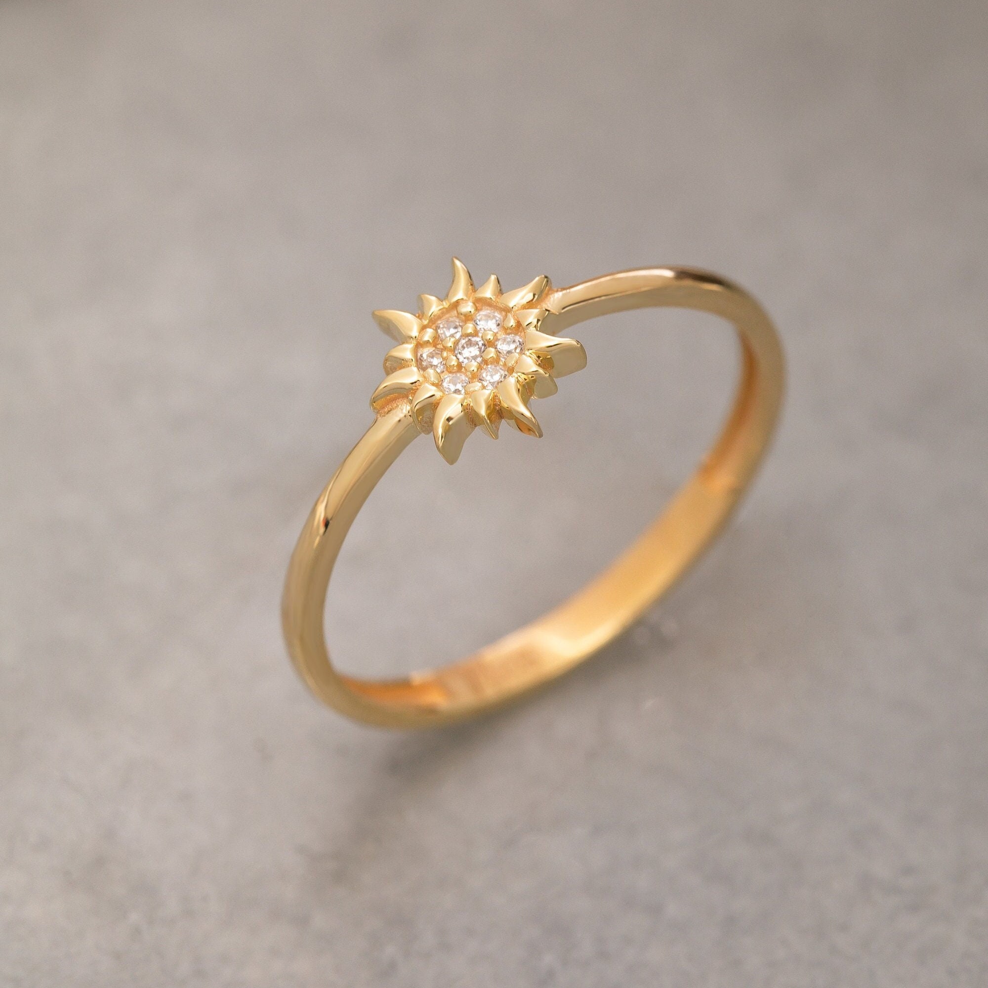 14K Solid Gold Sun Ring, 925 Sterling Silver Sun Ring, CZ 14K Solid Gold Sun Ring, 925 Sterling Silver Sun Ring, CZ